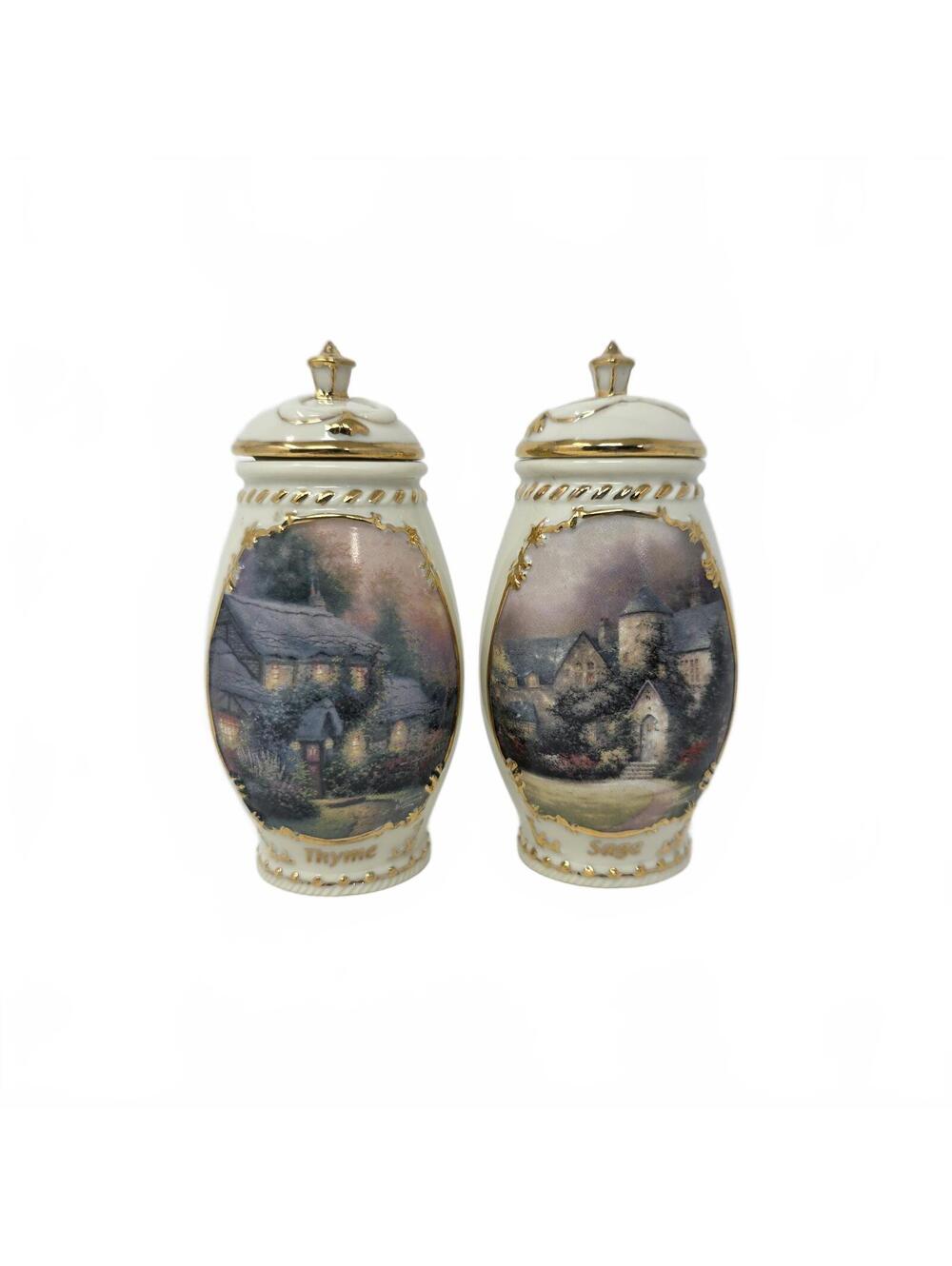 Thomas Kinkade Spice of Life Porcelain Spice Jars Sage Thyme Set Bradford 2001